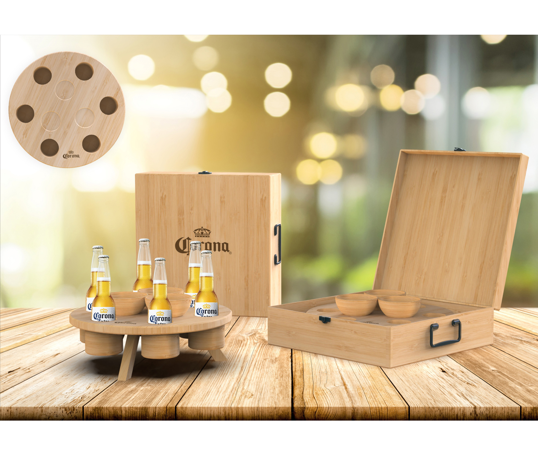 Bandeja con 6 cavidades para botellas, 3 cuencos y 3 patas para convertir en mesa, presentado en caja para transportar. Todo fabricado en bambú.